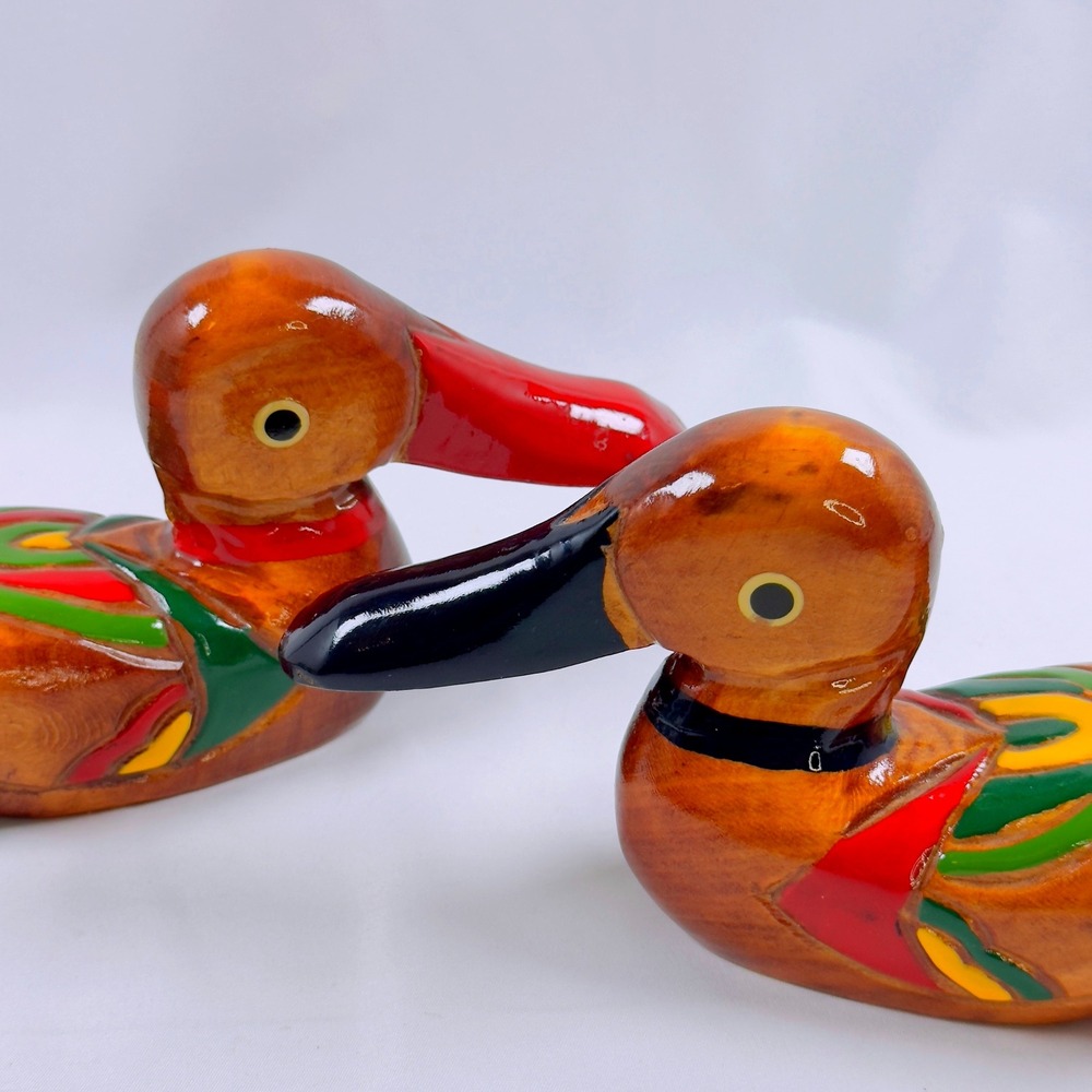 Vintage Hand Carved & Painted Wood Duck Decoy Pair Colorful Folk Art Farmhouse